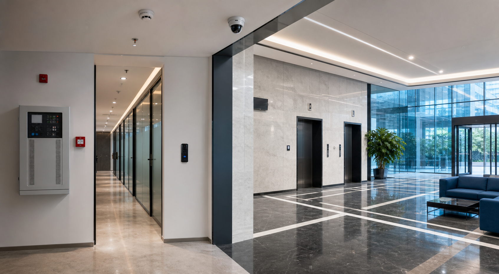 Integrated fire safety and electronic security systems in a modern corporate building